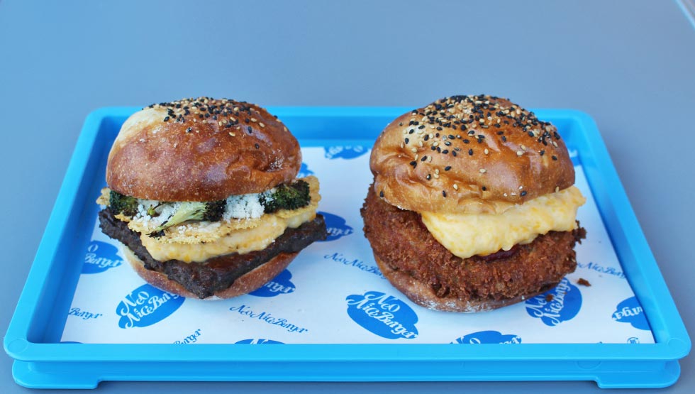 "Broccoli Cheese Burger" and "Ham Katsu Gratin Burger"