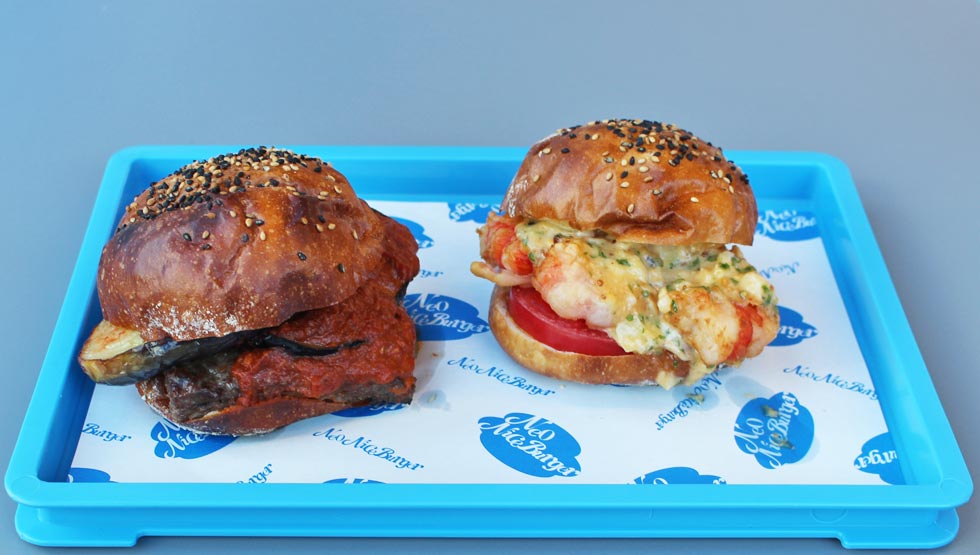 "Eggplant Arrabbiata Burger" and "Shrimp Mentaiko Tartar Burger"